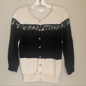 Tan and Black Lace 3/4 Sleeves Cardigan Small EUC